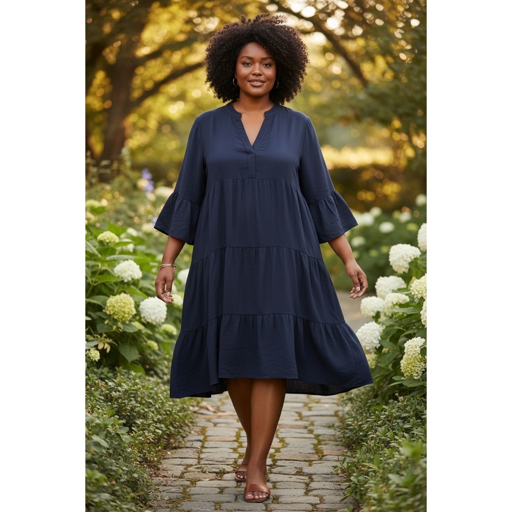 OVS Navy Blue Tiered Midi Dress Womens XL Split V-Neck Bell Sleeve Flowy Boho